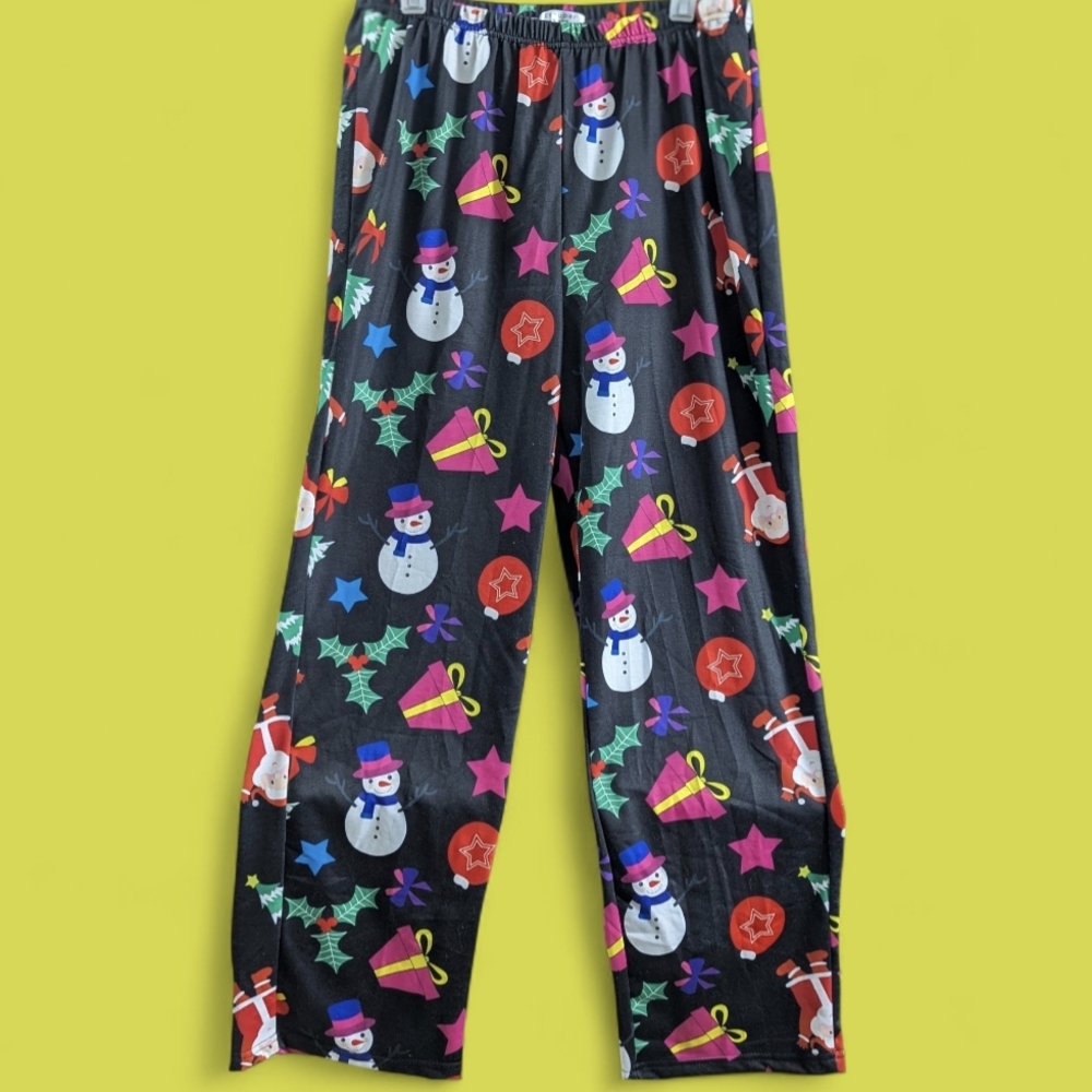 Festive Snowman Print Pajama Pants - Black